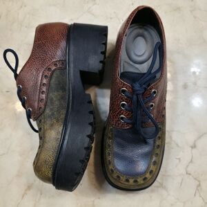Vintage Leather Oxford Chunky  Shoes Multicolor Lace-Up Block Heel Grunge Indie